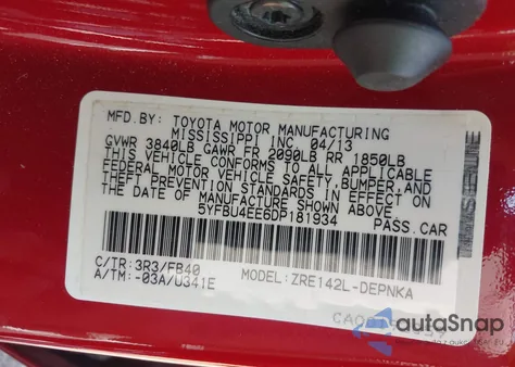 2013 Toyota Corolla Le z USA, uszkodzony, nr VIN 5YFBU4EE6DP181934